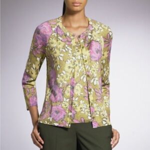 St. John Olive Floral Print Metallic Knit Lightweight Luxury Cardigan Jacket